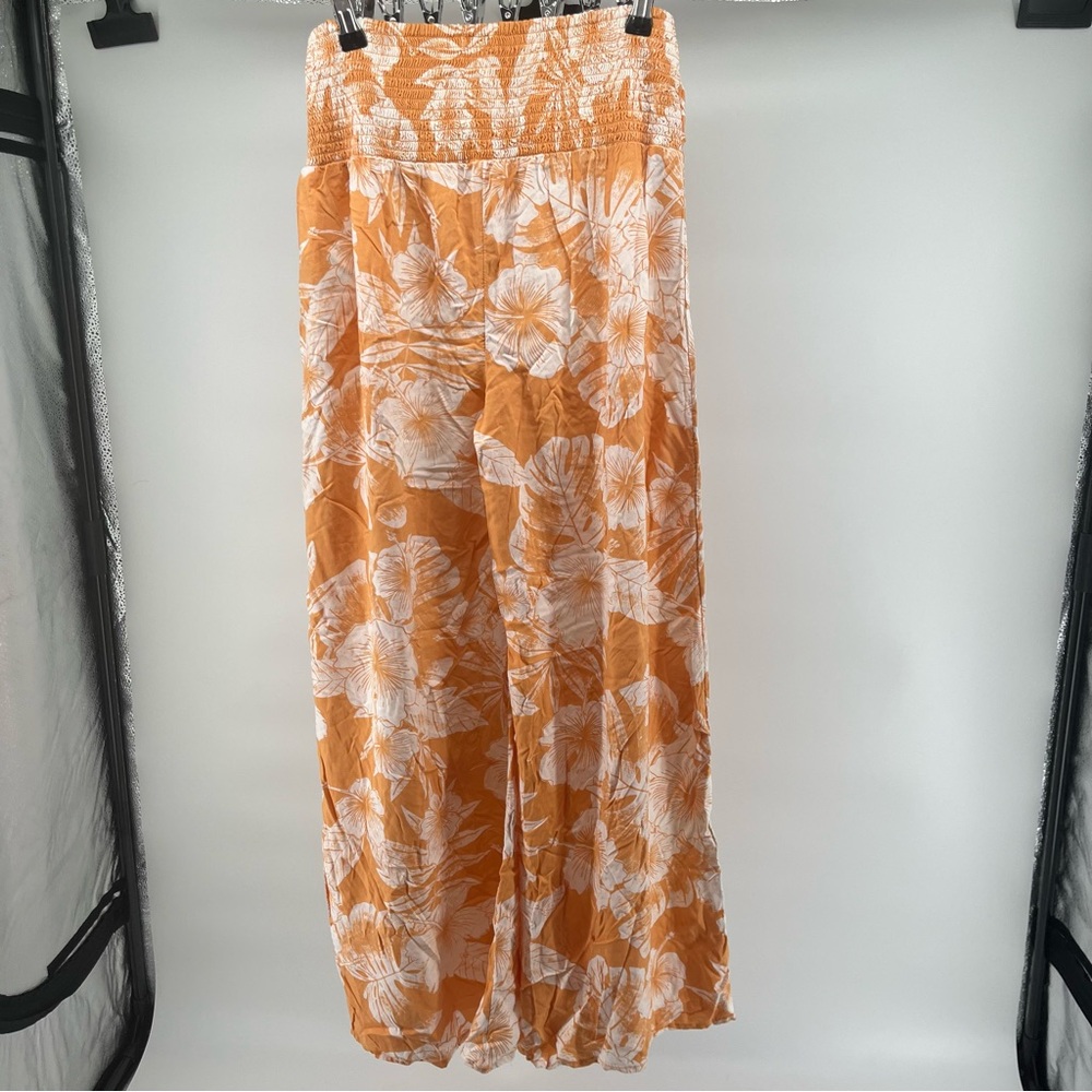 Roxy High-waist Orange & White Floral Wide Leg Flowy Hawaiian Pants Size Large - Picture 4 of 12